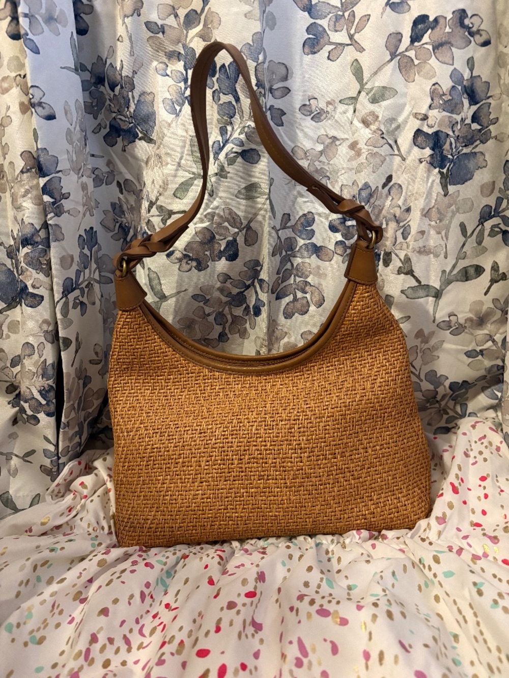 Fossil Small Summer Straw Woven Hobo Shoulder Tote Bag